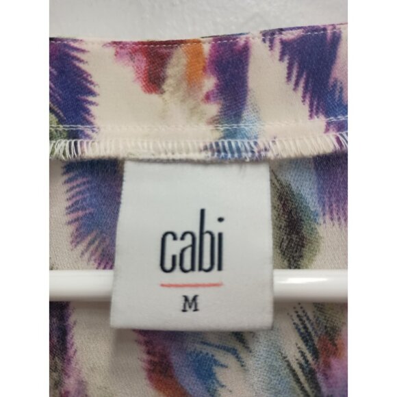 CAbi Womens Plume Blouse Top Medium Multi Feather Print Chiffon Cap Sleeve #527 - Picture 3 of 8